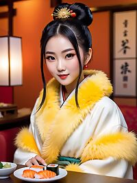 A young Mongolian woman 20 years old stands out in her bright yellow fur coat
