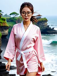 A petite woman in pink karate robes at sunset near Tanah Lot Temple