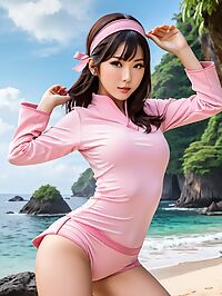 Japanese girl in a pink ninja costume seduces near the Indonesian coral reefs