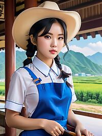 The 21 year old Thai girl in blue apron stands out against the Baekdu Mountains rugged backdrop