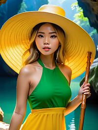 Vietnamese woman in a yellow halter dress lounges by the cave entrance